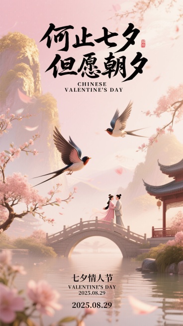 中国风七夕主题，粉金水墨背景、比翼鸟、花枝，浪漫、古典且温馨的氛围。 隐约看到鹊桥，跟情人对拥。画面有空间层次，书法字体   
海报顶部文字 ：何止七夕 但愿朝夕 CHINESE VALENTINE'预览效果
