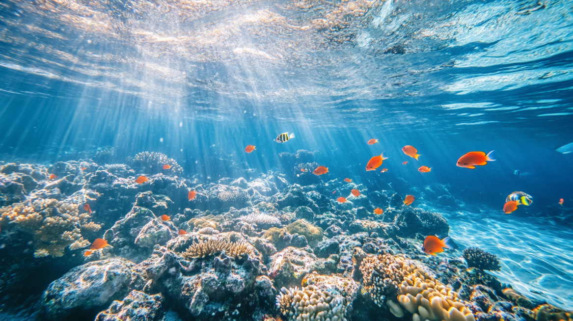 vibrant coral reef community in tropical shallow seabed, small colorful tropical fish swimming slowl预览效果