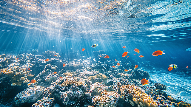 vibrant coral reef community in tropical shallow seabed, small colorful tropical fish swimming slowly, irregular sized air bubbles rising upward, tiny floating marine particles on coral surface, clear turquoise seawater, natural side backlight penetrating from sea surface, crepuscular rays, low saturation Morandi blue tones, Kodak Portra 400 film texture, subtle film grain, rule of thirds composition, realistic ocean photography, summer vacation vibe --v 6.1 --style raw --s 75