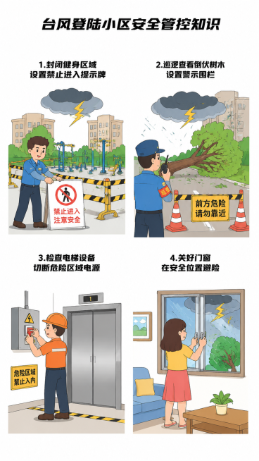 卡通矢量风格，白色背景，台风登陆小区安全管控知识插画，共分四格：
1. 第一格：物业工作人员封闭小区露天健身区域，设置禁止进入提示牌
2. 第二格：巡逻工人在台风中远距离查看倒伏树木，设置警示围栏
3预览效果