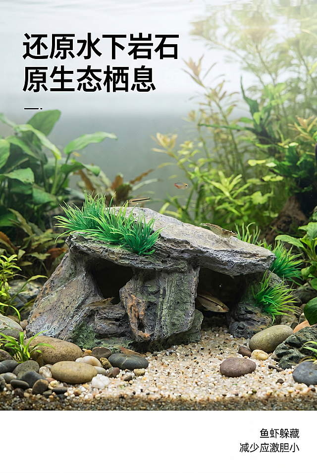 严格还原上传的仿真岩石水草躲避屋产品参考图，精准复刻产品配色、纹理、造型细节，无任何偏差，色彩无失真，产品比例遵循真实物理空间逻辑，视觉协调，杜绝比例失衡。画面比例为2:3竖版，高级简约水族ins风，真实自然风鱼缸水下场景，铺底砂、造景石块、活体水草搭配布景，柔和水下自然光；躲避屋沉于缸底自然融入造景，氛围原生态写实治愈；主标题左上"还原水下岩石原生态栖息"，副标题右下小字"鱼虾躲藏 减少应激胆小"；实景占据画面主体，文字边角简约点缀，色调柔和统一，留白高级舒适，字体统一无衬线黑体。
