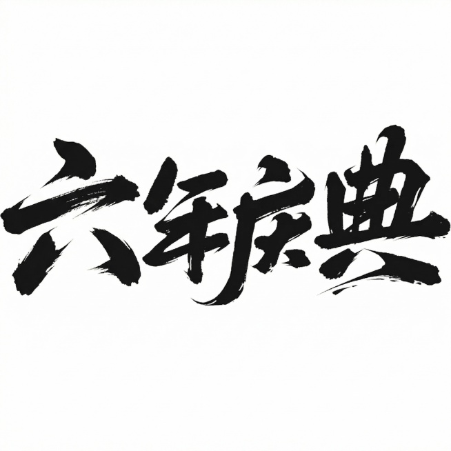 参考提供图片的书法字体风格，生成黑色苍劲有力的毛笔书法文字“六周年庆典”，纯白色背景，保持大气粗犷的国潮书法质感预览效果