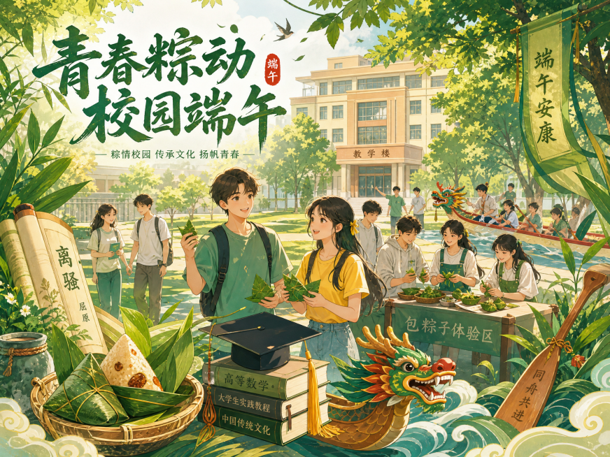 国潮插画风，明亮清新，大学校园场景，融入端午元素，包含粽子、龙舟、艾草，搭配装饰元素粽子、竹叶、书卷、学士帽、龙舟桨，呈现青春活力氛围，传统节日与校园结合，主色调竹绿+粽叶青+暖黄预览效果