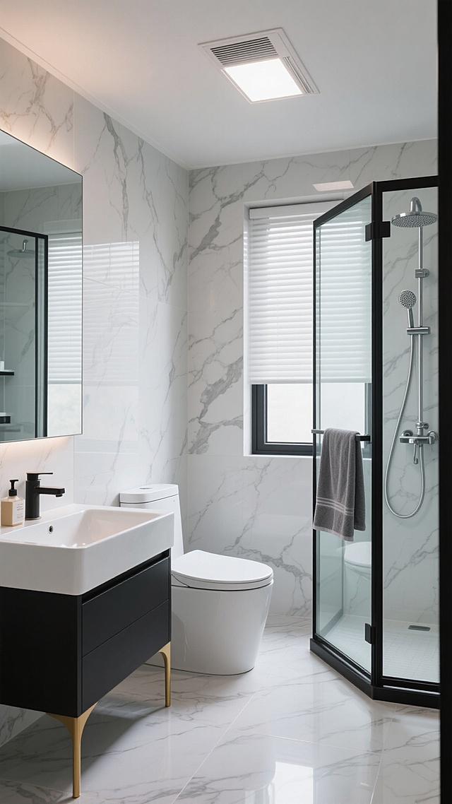 现代简约风格卫生间室内设计，整体采用灰白大理石纹理瓷砖墙面与地面，搭配黑色金属边框玻璃淋浴房，顶部嵌入式照明浴霸提供明亮均匀光线。左侧为白色台面洗手池，配黑色浴室柜与金色金属腿，台上放置洗漱用品；中央靠墙为白色智能马桶；右侧为扇形淋浴房，内挂灰色毛巾，配备银色淋浴喷头与手持花洒。窗户装有百叶窗，整体空间干净整洁，光影柔和，呈现出简洁、时尚、功能性强的卫浴环境，可替换为不同场景下的卫生间摆设布局。