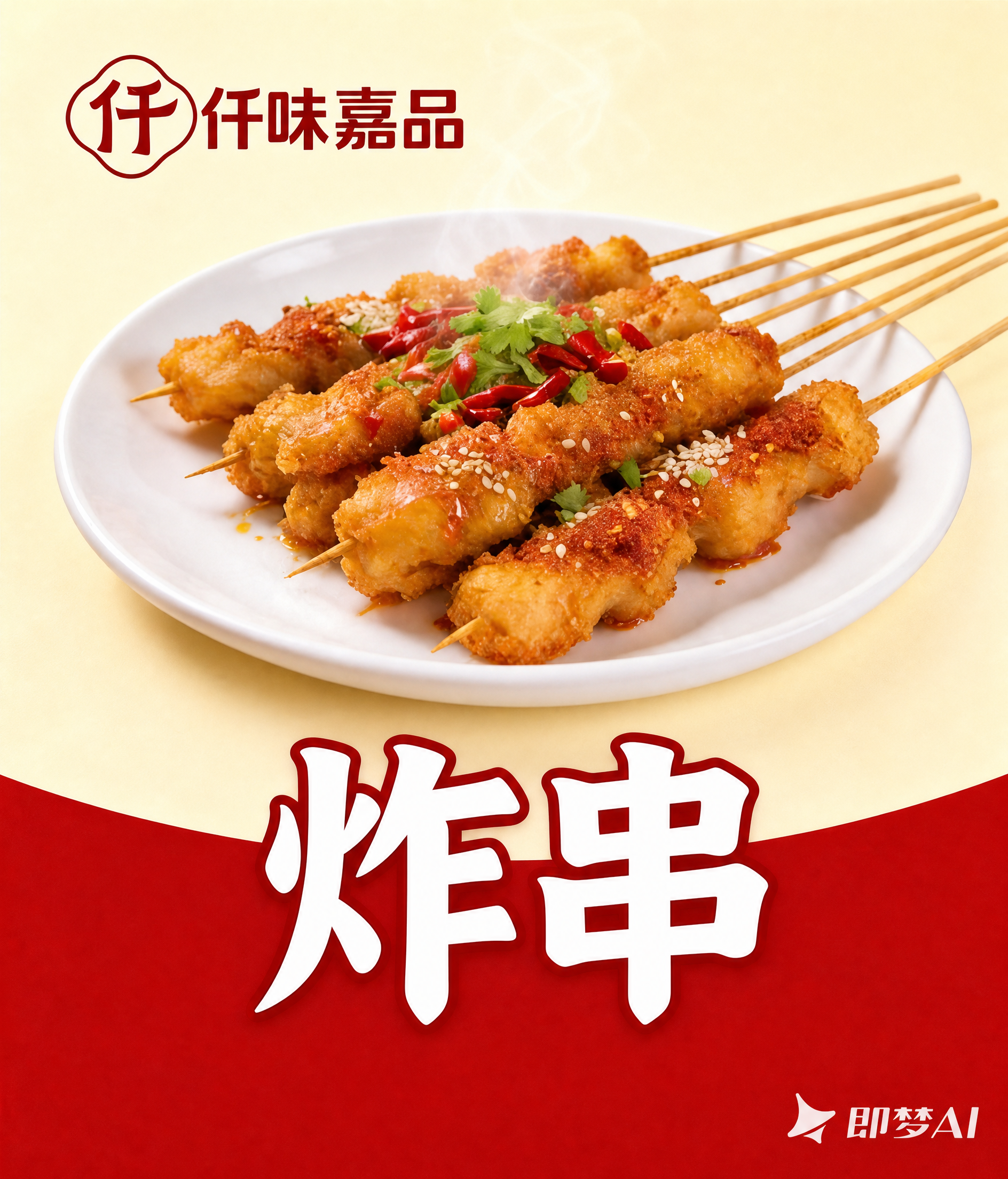精确复刻参考图的炸串美食海报，版式、配色、文字、食物呈现与参考… - 图片创意预览