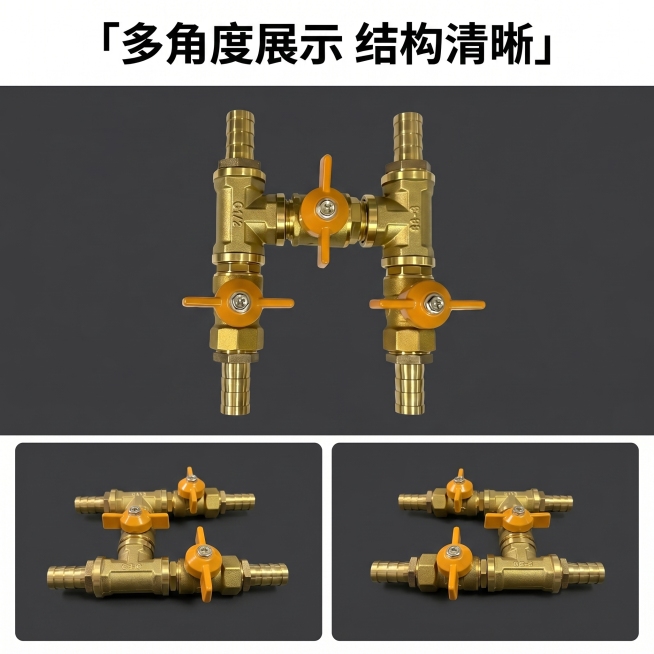 [主图 4] 汽车H型四通阀多维度展示。[氛围风格] 硬核工业机械风，专业品质感，整体风格统一。[画质] 商业摄影质感，产品清晰真实，画面干净高级，金属锐度突出。[元素] 拼图展示产品不同角度，主区域预览效果