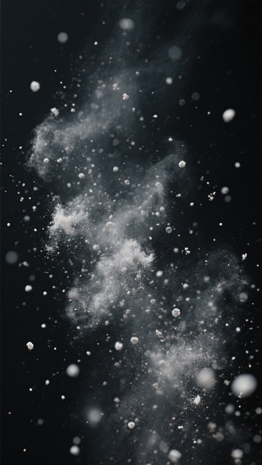 纯黑背景上，大量不同大小和密度的白色灰尘颗粒与细微尘埃在空中弥漫、悬浮并缓慢飘散，形成自然而富有层次感的动态分布，颗粒既有细小如星点的微尘，也有稍大些的絮状尘埃团，整体呈现出一种朦胧、梦幻且略带神秘幽静氛围的灰尘背景效果。预览效果