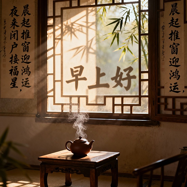 ### **1. 晨间财喜**
**祝福语：** 晨光熹微照福来，财喜盈门笑颜开（位于画面左侧，从上到下竖排书法体）
**提示词：**
中式早餐静物摄影，深色木桌上摆放一套青花瓷盖碗茶具，碗盖斜置，热气微升。旁边有一小碟金元宝造型糕点。柔和的晨光从右侧射入，在桌面投下温暖光影。照片级质感，浅景深。在画面左侧空白处，从上到下竖排书写15字祝福语。画面右下角茶具旁，有雅致小字“早安”。画幅比例3：4

### **2. 朝安暮宁**
**祝福语：** 朝有清欢岁长安，暮得心宁日可期（位于画面顶部，横排端庄楷体）
**提示词：**
禅意中式静物，一方古砚旁置毛笔一支，砚台中墨迹未干。旁边摊开一卷宣纸，纸上有一枚红叶。清晨柔光斜照，营造宁静雅致氛围。细节丰富，纹理清晰。画面顶部居中横排书写17字祝福语，采用端庄楷体。画面左下角砚台旁，有细小字样“早上好”。画幅比例3：4

### **3. 福伴晨光**
**祝福语：** 晨起福星常高照，吉时祥瑞总相伴（环绕主体物成弧形排列）
**提示词：**
吉祥主题静物，红色锦囊与古钱币置于朱红漆盘之上，旁有如意纹香囊一个。温暖晨光从左上角洒下，凸显物体质感。色彩以红金为主，喜庆祥和。18字祝福语以弧形排列在漆盘周围。画面右上角光线明亮处，有金色小字“早安”。画幅比例1：1

### **4. 良辰启新**
**祝福语：** 良辰美景今朝启，清风明月伴新程（位于画面右侧，分两列竖排）
**提示词：**
新中式极简构图，透明玻璃瓶插单枝含苞白梅，置于灰白色大理石台面。冷色调晨光营造纯净清雅氛围。背景虚化，突出花枝线条美感。16字祝福语在画面右侧分两列竖排书写。画面左下角瓶底旁，有浅灰色“早上好”字样。画幅比例1：1

### **5. 祥瑞晨安**
**祝福语：** 祥云缭绕家宅旺，瑞气充盈晨安好（作为背景水印，重复隐约出现）
**提示词：**
传统吉祥静物，翡翠白菜雕件（或白菜造型摆件）与一对小葫芦置于深蓝绸布上。侧光照明，突出雕刻细节。背景为米色宣纸纹理，上面隐约重复浮现18字祝福语水印。画面正下方白菜雕件前，有清晰黑色“早安”字样。画幅比例3：4

### **6. 朝食纳吉**
**祝福语：** 朝食五谷纳千祥，暮饮清茶收百福（位于画面底部，居中对齐）
**提示词：**
温馨早餐场景，竹制蒸笼揭开，内盛晶莹虾饺三只。旁有青瓷醋碟与竹筷。清晨暖光营造食欲与温馨感。食物细节逼真，蒸汽微现。20字祝福语在画面底部居中横排。蒸笼盖上贴有红色小笺，上书“早上好”。画幅比例3：4
### **7. 晨光如愿**
**祝福语：** 晨光所及皆如愿，步履所至俱坦途（位于画面左上至右下的对角线上）
**提示词：**
概念化构图，一束晨光透过窗格，在地面投出清晰光影。光斑中有一枚天然水晶簇。背景简洁，突出光线质感。氛围充满希望与能量。17字祝福语沿着从左上到右下的对角线方向排列。在主要光斑中心，有细微的“早安”字样融入光影纹理。画幅比例1：1

### **8. 日日祯祥**
**祝福语：** 日日常安有祯祥，岁岁清平无烦忧（位于画面四周边缘作为边框装饰）
**提示词：**
典雅中式书桌静物，摊开的线装古籍上压着镇纸，旁有燃尽的香插。柔和均匀的晨间天光。色调古朴雅致。18字祝福语作为装饰性文字边框，围绕画面四周边缘。在翻开书页的空白处，有手写体“早上好”。画幅比例1：1

### **9. 朝沐清风**
**祝福语：** 朝沐清风精神爽，夜观星月梦香甜（位于画面中央，围绕圆形主体排列）
**提示词：**
极简禅意画面，圆形浅口白瓷皿盛清水，水面浮一朵莲花（或莲叶）。背景纯白，光线均匀柔和。意境空灵洁净。19字祝福语以圆形排列方式环绕在白瓷皿周围。在水面倒影中，隐约可见“早安”二字。画幅比例3：4

### **10. 晨启鸿运**
**祝福语：** 晨起推窗迎鸿运，夜来闭户接福星（位于画面背景墙上，仿挂幅形式）
**提示词：**
生活化场景，中式窗棂前小桌，桌上紫砂壶还冒着热气。窗外可见朦胧竹影。晨光透过窗格形成美丽光影。氛围宁静闲适。18字祝福语以仿书法挂幅形式出现在背景墙上。在窗棂的光影中，投射出“早上好”的阴影字样。画幅比例1：1           根据以上提示图，生成对应10张祝福图