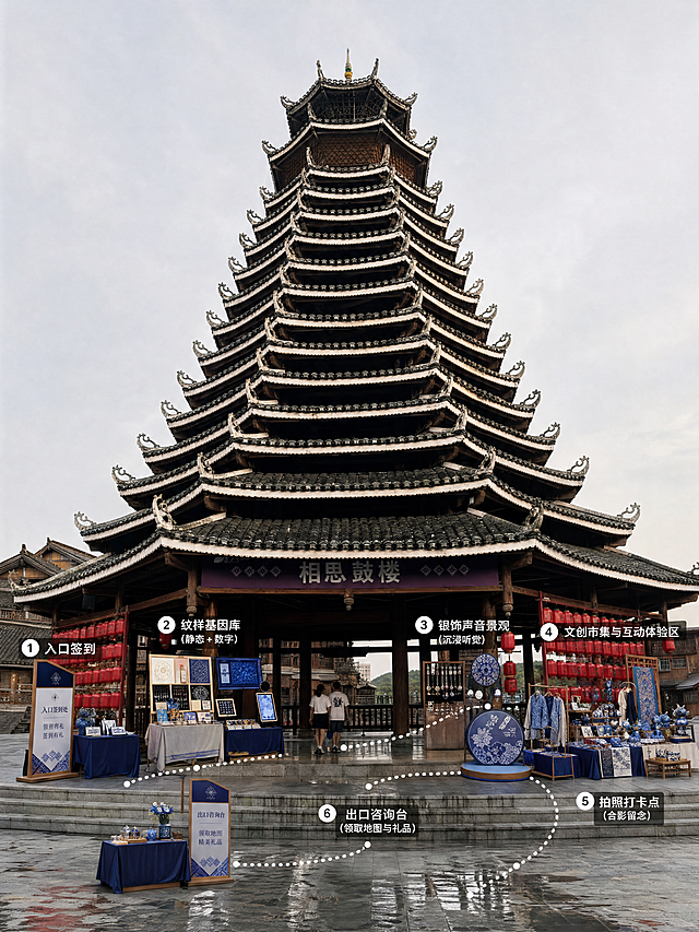 根据这张南宁相思小镇鼓楼实景图，添加展览路线，按照入口签到 → 纹样基因库（静态+数字） → 银饰声音景观（沉浸听觉） → 文创市集与互动体验区 → 拍照打卡点 → 出口咨询台的顺序布置各个展区，路线标记为白色圆点虚线，保持鼓楼主体不变，旁边去除多余树木，展区摆放参考提供的产品，整体风格自然真实