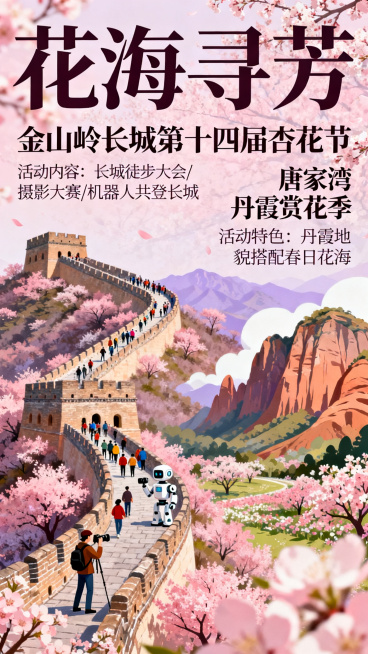 H5精品赏花类活动页面，标题“花海寻芳”，包含：金山岭长城第十四届杏花节，长城与花海相映，举办长城徒步大会、摄影大赛、机器人共登长城；唐家湾丹霞赏花季，丹霞地貌搭配春日花海。背景是粉色杏花远景图，文字预览效果