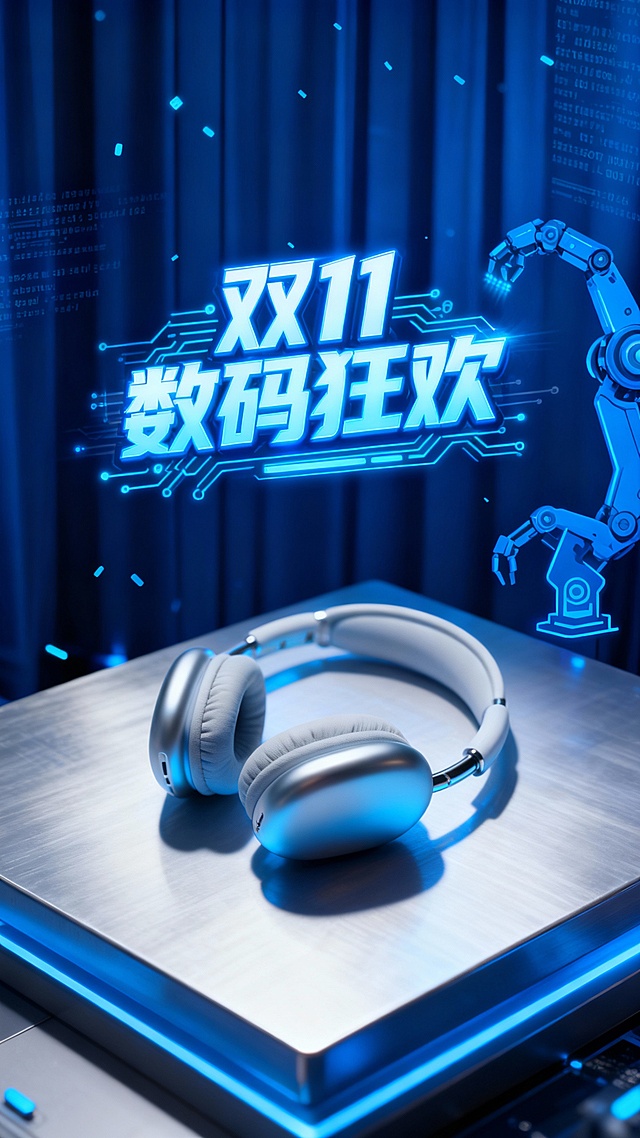 赛博朋克风3D设计，霓虹蓝光勾勒“双11数码狂欢”，金属质感耳机与机械臂呼应科技感，光影交错展现未来酷炫氛围。