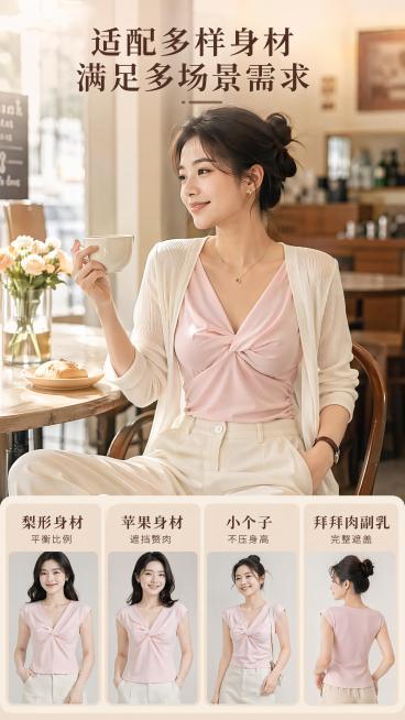[第5屏] 适用人群分层展示，核心目标人群25-35岁精致妈妈与新锐白领穿着效果。本屏使用【图4】裸粉色背心，模特为年轻亚洲女性。
[氛围/风格] 日常生活化场景，温馨自然，真实穿搭质感。
[元素布局预览效果
