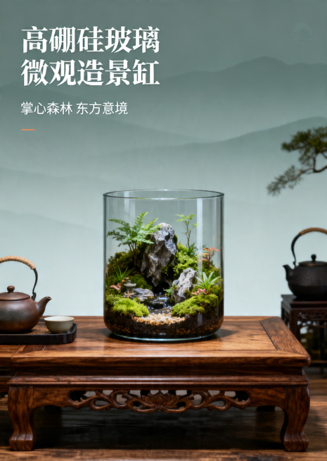 详情页第四张，桌面场景展示，木质茶桌搭配微观造景缸，浅黛色渐变背景，左上角文字"高硼硅玻璃 微观造景缸"副标题"掌心森林 东方意境"，真实摄影质感，中国古风氛围预览效果