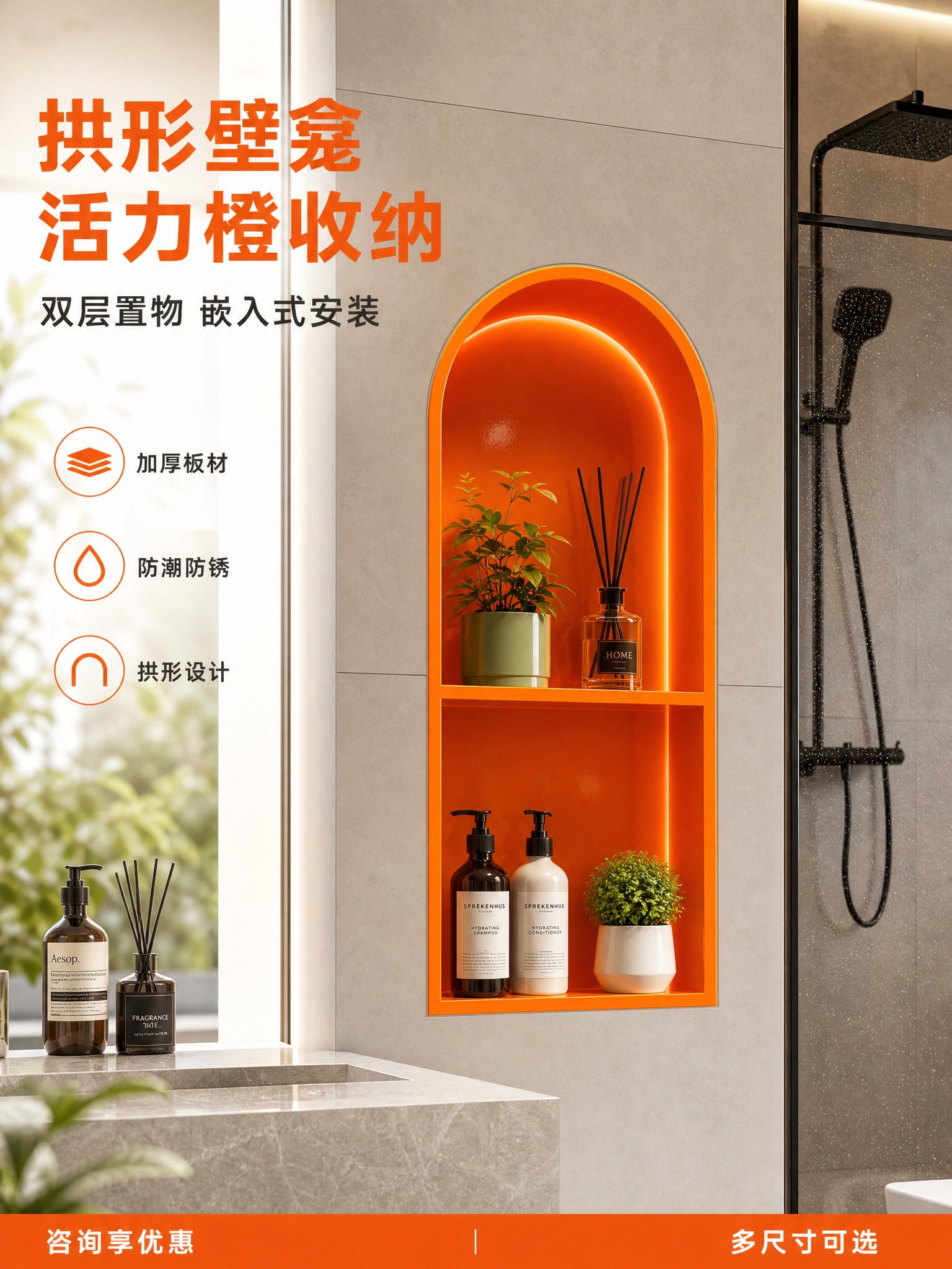 [单张主图] 爱马仕橙色拱形双层嵌入式壁龛，淘宝3:4高点击率… - 图片创意预览