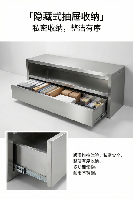 2:3竖屏，严格还原上传的不锈钢储物柜产品图，包括金属拉丝质感、开放式储物格、隐藏式抽屉等所有细节，产品外观必须与参考图完全一致，不得改变包装设计、配色方案或结构元素，保持不锈钢的真实高光金属质感。隐预览效果