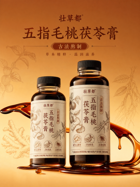 参考参考图片的设计风格，设计两瓶瓶装产品“五指毛桃茯苓膏”。品牌名称：“壮草都” 产品名称：五指毛桃茯苓膏 突出卖点：古法熬制 突出原材料：野生土茯苓、3年陈皮、五指毛桃，瓶身标签采用复古线描植物插画预览效果