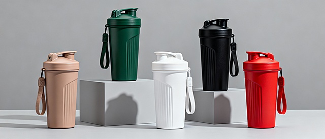 给这5个瓶子生成一张场景图，要求背景为简约灰色背景，所有瓶子在同一个画面中，高低错综。比例为21:9