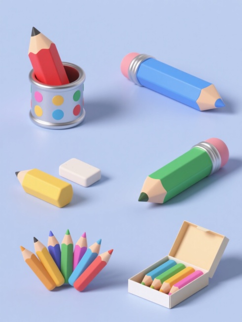 一组6个完全不同造型的铅笔元素系列素材集合，保持简约现代的3D立体风格，纯色背景，每个元素均采用圆润的几何造型和光滑的材质表现，包含：1.红色铅笔斜插在带有彩色圆点图案的金属笔筒中；2.蓝色铅笔平躺并露出笔尖；3.绿色铅笔被削尖的特写；4.黄色铅笔与橡皮擦组合；5.多支彩色铅笔整齐排列成扇形；6.整盒打开的彩色铅笔，所有元素规整排布，色彩明快，阴影柔和，保持统一的设计语言和视觉风格。预览效果