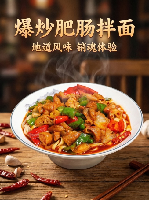 爆炒肥肠拌面美食宣传海报，电影级质感，细节丰富，红油鲜亮，肥肠Q弹有光泽，青红椒饱满鲜艳，面条筋道挂汁，整体充满美食诱惑力，氛围温暖有食欲预览效果
