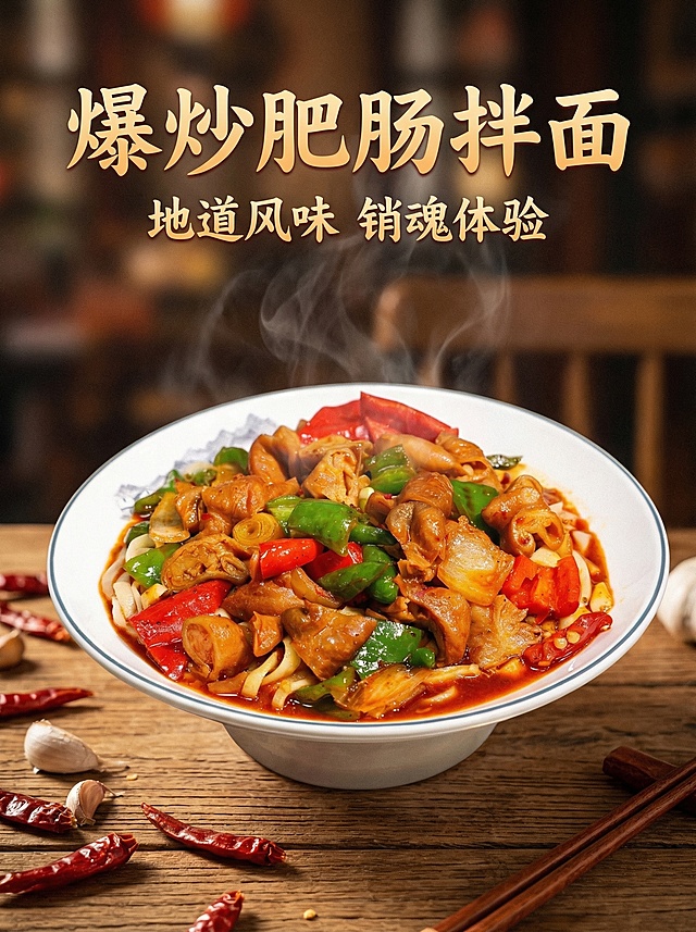 爆炒肥肠拌面美食宣传海报，电影级质感，细节丰富，红油鲜亮，肥肠Q弹有光泽，青红椒饱满鲜艳，面条筋道挂汁，整体充满美食诱惑力，氛围温暖有食欲