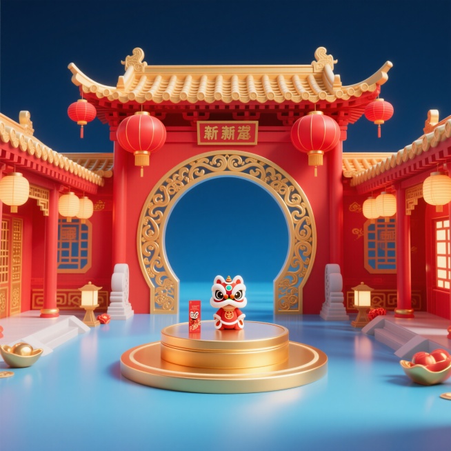 中国风3D场景，大红色基调，金色雕花拱形门，两侧传统中式建筑（飞檐翘角、红柱金瓦），上方悬挂红色灯笼，前景金色圆形展示台，喜庆华贵，传统节日氛围，国风产品展示预览效果