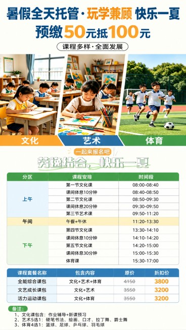 根据提供的参考图重新排版，将原图所有图文向上平移，在海报下方留出空间放置作息时间表和课程套餐表。替换顶部大标题为"暑假全天托管 · 玩学兼顾 快乐一夏"，保留文化、艺术、体育三栏插画和底部文字"文化"预览效果