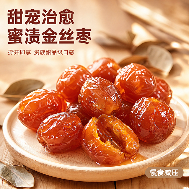 [主图-1] 蜜渍金丝枣首图，都市甜宠治愈风。
[氛围风格] 温馨治愈食欲感，暖调自然氛围
[画质] 商业摄影质感，光线柔和通透，产品清晰真实，画面干净高级
[元素] 多颗饱满莹润的蜜渍金丝枣堆放在暖白木质餐盘上，一颗被撕开半颗，露出蜜润透光的果肉，浓稠蜜浆微微流淌；背景浅暖木质桌面，散落几片干枣叶点缀。保持蜜枣外观、物理结构、材质质感、红棕蜜色与输入产品图绝对一致，杜绝任何变形和色差，精细化处理。商品主体占比严格控制在70%左右，画面满屏无边框。
[光影] 自然暖阳逆光从侧后方打来，穿透蜜枣通透的果肉，勾勒出红亮诱人的轮廓光泽，桌面有柔和漫反射，高光不溢出，暗部有层次，突出蜜润多汁的食欲感
[配色] 主色调暖红棕，辅助色浅米白、暖木色，整体暖调和谐
[视角构图] 45度斜侧平视拍摄，主体居中，景深适中，前后景分层，轮廓完整不裁切
[文字版式] 左上负空间左对齐留安全边距，大字主文案“甜宠治愈 蜜渍金丝枣”，红棕色粗体无衬线最大号；下方辅助小字“撕开即享 贵族甜品级口感”，字号缩小一半，同色系浅一点；右下角浅棕小标签“慢食减压”，白色文字，保持清晰可读，所有文字均不遮挡产品主体
[比例分辨率] 1:1比例，4K分辨率，文字清晰锐利，画面超高清
[负向提示词] 变形，水印，文字错乱，产品图模糊，背景杂乱，绝对化违禁词