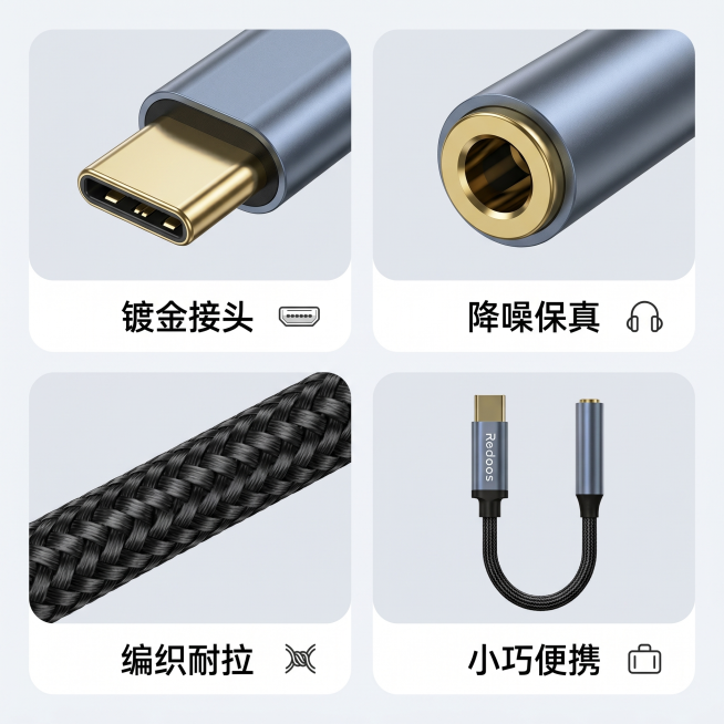 [主图 2] 产品细节与核心亮点展示图
[氛围风格] 科技质感专业风
[画质] 商业摄影质感、光线柔和通透、产品清晰真实、画面干净高级
[元素] 四个栅格卡片分区展示不同亮点：左上区域展示Type-C预览效果
