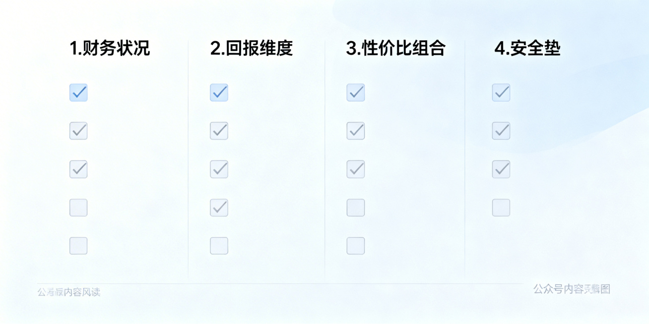 简约打钩清单风格插画，横向排版，分四步展示：1.财务状况 2.回报维度 3.性价比组合 4.安全垫，每一项前带有打钩复选框，整体设计简约干净，适合公众号内容配图，清晰易读预览效果
