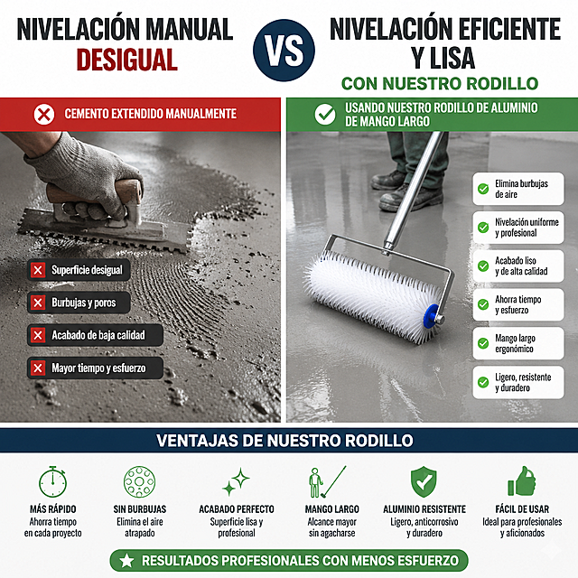 Diagrama comparativo de rodillo para autor-nivelante de cemento: izquierda: cemento extendido manualmente, superficies desiguales con burbujas, mala calidad, derecha: usando nuestro rodillo de aluminio de mango largo de la imagen, eliminando burbujas y nivelando eficientemente, superficie lisa. Texto comparativo en español: "Nivelación manual desigual VS Nivelación eficiente y lisa con nuestro rodillo", texto en español, resalta ventajas del producto