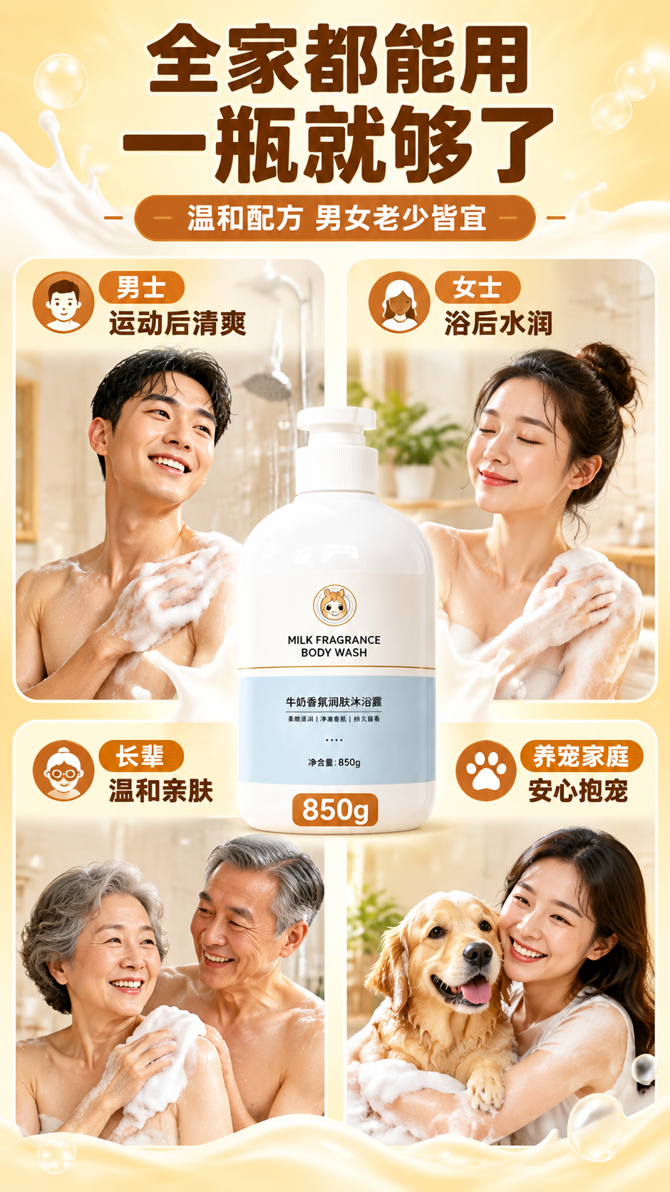 [商品] 使用【图1】宠味库牛奶香氛润肤沐浴露，850g白色圆… - 图片创意预览