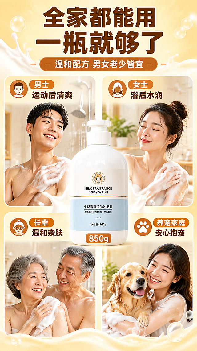 [商品] 使用【图1】宠味库牛奶香氛润肤沐浴露，850g白色圆瓶按压泵设计；保留瓶身结构、颜色、Logo、标签文字、卡通小狗头像、浅蓝白配色标签；真实功能方向为身体清洁沐浴。
[画面] 页面目标：全家适用场景拼图，展示不同人群都能用。2×2四宫格布局：左上「男士用-清爽留香」、右上「女士用-水润嫩肤」、左下「老人用-温和不刺激」、右下「养宠家庭-抱狗放心」；中间放产品大图，占画面30%。背景暖奶黄色，四格各有小场景氛围。
[视觉] 套系策略：风格=拼多多暖系治愈商业摄影风，高饱和度强转化；标题字=粗黑圆润大字，醒目有冲击力；正文字=简洁无衬线中黑体，手机端清晰可读；主色=暖奶黄+奶白色；背景延展=基于暖奶黄做深浅渐变、光晕放射和牛奶/奶泡质感层次；强调色=暖橘棕色，仅用于小面积标签、icon边框、价格标和重点高亮；标题色=深棕咖色；正文色=中暖棕色；组件=圆角白底信息卡、圆形利益icon、粗描边标签；光影=左前侧暖柔光，产品带柔和投影。
[文字] 顶部主标题「全家都能用 一瓶就够了」，副标题「温和配方 男女老少皆宜」；四宫格每格配短标题：「男士 运动后清爽」「女士 浴后水润」「长辈 温和亲肤」「养宠家庭 安心抱宠」；文字均为横排。
[规格] 图片比例9:16竖版，4K分辨率，拼多多平台适配；亚洲人物；避免变形、错字、文字过小、冷蓝背景、产品颜色改变、极限词、医疗功效宣称。