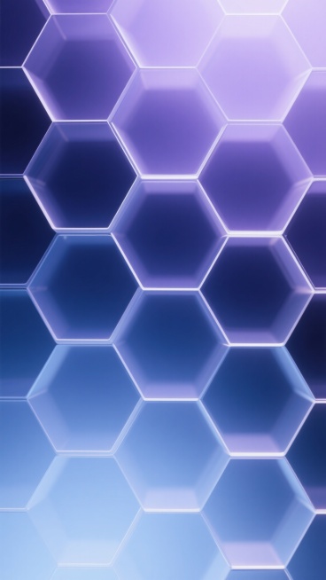 以蜂窝结构为背景主题，采用深蓝到浅紫的渐变色彩，每个六边形单元边缘有轻微的白色高光描边，整体呈现出半透明的磨砂玻璃质感，六边形之间的连接线条纤细且带有微妙的阴影效果，营造出简洁现代且具有层次感的几何抽象背景，色调统一和谐，光线从顶部柔和洒下，使每个蜂窝单元呈现出轻微的明暗过渡，整体设计简约而富有科技感。预览效果