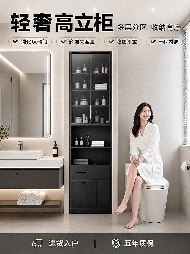 将图片比例调整为淘宝3:4竖版比例，画面内容保持完整。黑色高立柜嵌入卫生间墙体中，柜体外观、结构、加高后的高度比例与原图完全一致：上半部分双开钢化玻璃门（内有多层洗漱用品和毛巾）、中间两层开放式置物格、下半部分抽屉与柜门组合，哑光黑色材质。柜体左侧是带LED镜前灯的洗手台和大镜子，大理石台面，下方有置物架放毛巾。柜体右侧是白色马桶，马桶上坐着一位穿白色浴袍的年轻亚洲美女，姿态自然微笑。卫生间整体浅灰色瓷砖墙面和地砖，右侧有百叶窗，顶部嵌入式筒灯，干净明亮。顶部主标题"轻奢高立柜"、副文案"多层分区 收纳有序"及四个卖点胶囊标签（钢化玻璃门、多层大容量、稳固承重、环保材质）保留，底部送货入户和五年质保信息条保留，文字位置和样式不变。3:4竖版比例，2K分辨率，商业摄影质感，柔和自然光。