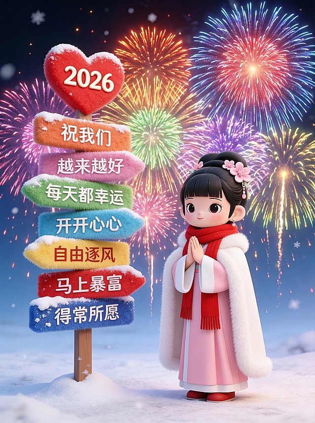 软3D风卡通少女立于雪地，背景烟花绽放，毛发生长质感路牌传递新年祝福，粒子飞舞烘托喜庆氛围，2026春节主题。