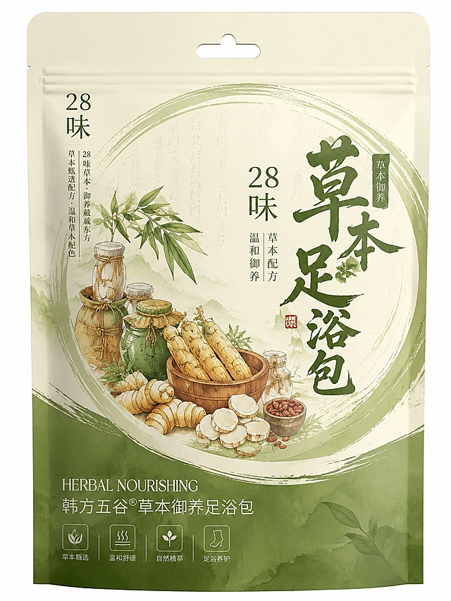 参考这张图片重新设计28味草本足浴包的自立袋包装，保留原包装的国风水彩手绘草本插图风格、文字排版逻辑，将主色调改为清新自然绿色系，米色上绿下的配色方案，整体设计和原图不同，款式3：采用圆形构图包围中药材插图，增加书法笔触装饰，优化标题排版