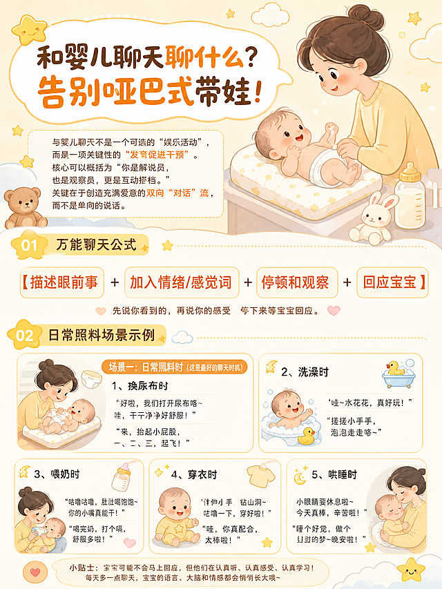 根据图片文字内容制作育儿科普图文，3:4竖版，保持暖黄米白同色系，标题是“和婴儿聊天聊什么？告别哑巴式带娃！”，内容包含万能聊天公式和日常照料场景示例，卡通温馨风格