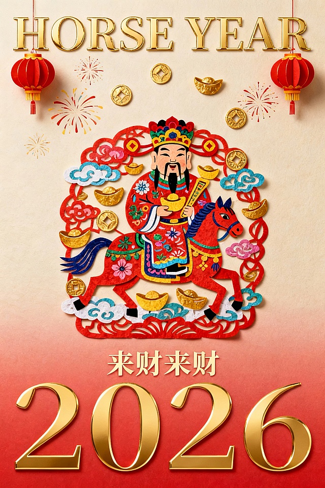剪纸风与撕纸风融合，重拟物手法呈现财神骑马形象，鎏金元素点缀，中式喜庆氛围浓厚，国潮风格彰显民族韵味，2026马年贺岁。