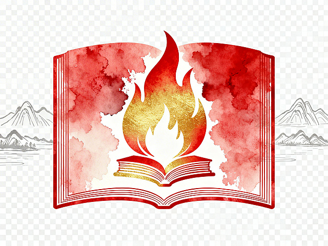 无文字纯图案，透明背景，红金主色调+水墨肌理+简约线条风格，主体是半开书籍轮廓，书页填充细腻水墨纹理，书籍中间穿插极简线条的红金渐变薪火火焰，火焰轮廓融入微缩书本叠影，书籍两侧点缀浅灰色湖湘山水简笔线条，整体对称大气，兼具庄重感与温润感