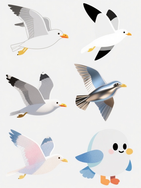 白色背景上，六只不同样式、不同风格、不同材质的海鸥排列整齐，每只海鸥都呈现出独特的艺术处理：一只为超写实风格，羽毛纹理清晰可见，翅膀边缘有自然的灰色渐变，喙部呈明亮的橙黄色，爪子为淡黄色，具有真实鸟类的质感和细节；一只为扁平化设计风格，采用简洁的线条勾勒轮廓，色彩纯净，白色身体配以黑色翅膀尖，造型简约现代；一只为3D立体风格，具有明显的光影效果和体积感，仿佛金属材质打造，表面有细腻的反光，翅膀……预览效果