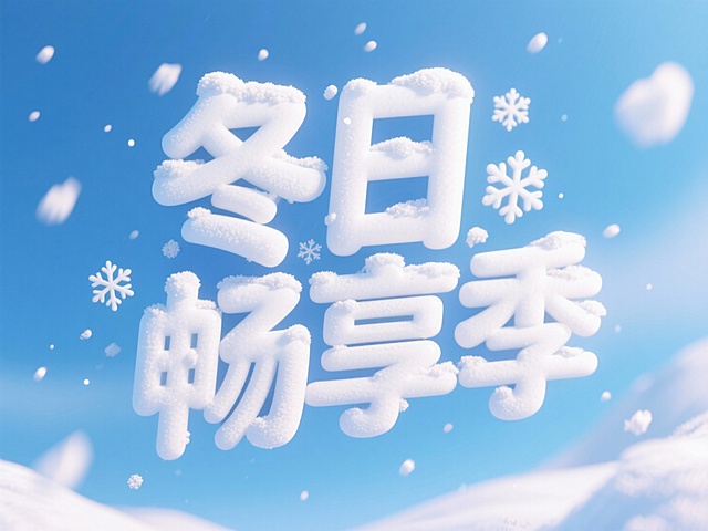 中央呈现白色积雪质感的 “冬日畅享季” 立体可爱艺术字，点缀雪花元素，蓝色渐变天空为背景