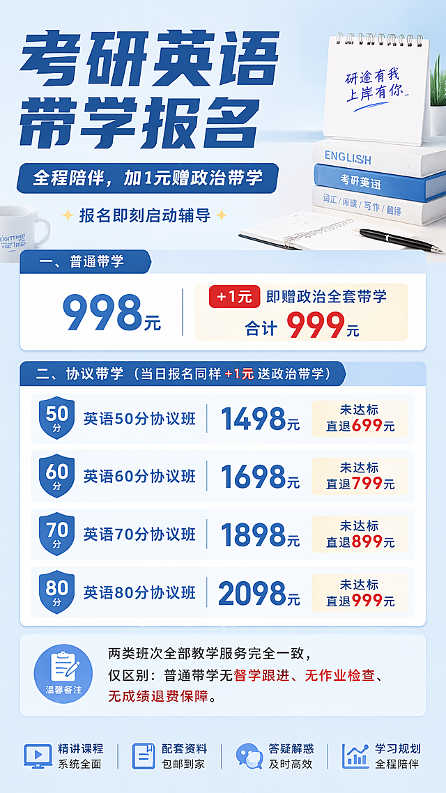 专业简洁考研招生海报，风格为专业教育风，画面排版精美，9:16竖版。主标题"考研英语带学报名"，副标题"全程陪伴，加1元赠政治带学"，装饰文案"✨报名即刻启动辅导✨"。包含价格卖点：普通带学998元，+1元即赠政治全套带学合计999元；协议带学当日报名同样+1元送政治带学：英语50分协议班1498元，未达标直退699元；英语60分协议班1698元，未达标直退799元；英语70分协议班1898元，未达标直退899元；英语80分协议班2098元，未达标直退999元。温馨备注：两类班次全部教学服务完全一致，仅区别：普通带学无督学跟进、无作业检查、无成绩退费保障。背景采用浅蓝渐变简约风格，搭配学习桌面、笔记本元素，所有文字清晰可读，排版分区合理，整体专业可信。