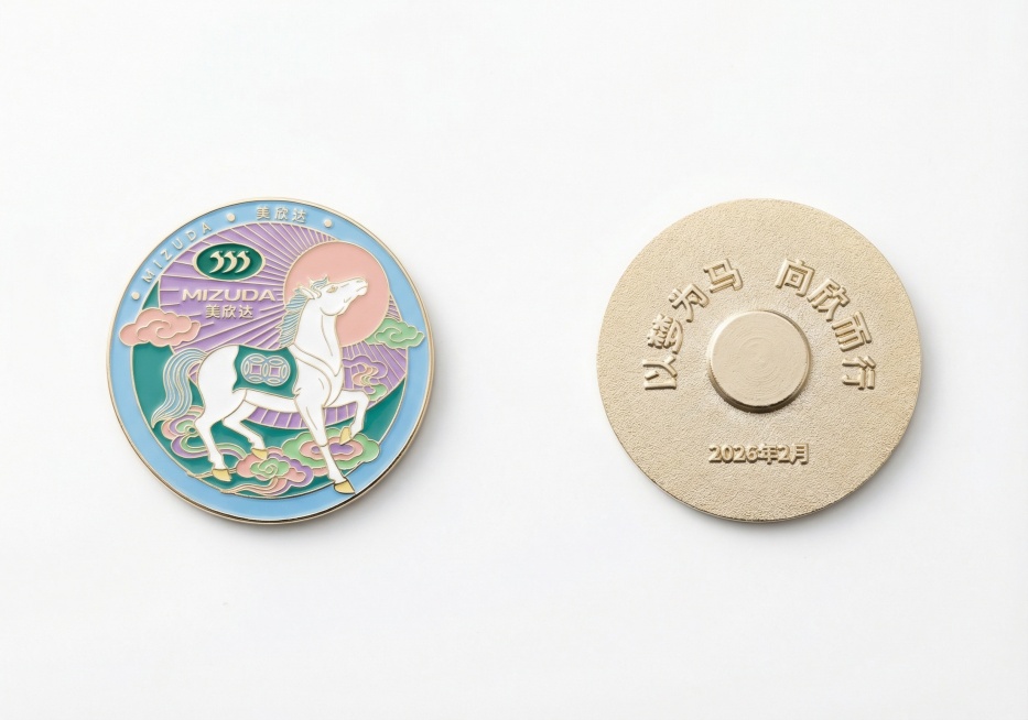 把磁吸徽章的平面设计图转为白底的效果图，背面文字是突出的立体字，光线明亮，图案清晰预览效果