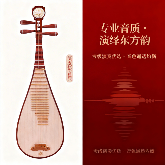1:1竖版电商主图，东方雅致风，杂志排版精致高级。画面左侧展示琵琶正面演奏角度图，严格还原琵琶产品图的形态与颜色，产品旁标注“演奏级音质”小字标签。右侧用可视化渐变声波图形呈现 “清脆明亮・共鸣饱满”预览效果