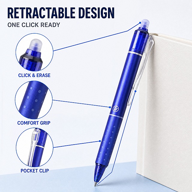 [主图-3｜结构细节·按动与握感] 本张产品为「12 Pack Erasable Gel Pens 0.5mm Retractable Blue Ink Smooth Writing Pens for School Office Home」（该名称仅作内部标识，不得渲染为画面文字）。唯一任务：用三处局部放大证明可伸缩按动结构、防滑握感与笔夹便携。

[统一基调] 干净克制的北美 Amazon listing 信息图风格，商业摄影与扁平信息图结合；背景主色纯白到极浅冷蓝（#FFFFFF—#F2F6FC）；标题字色深海军蓝 #0B2A5B，辅助字色石板灰 #5A6478，强调色为笔身同款宝蓝 #1E4CD7；只使用一种几何无衬线字体（Inter/Helvetica 类），仅通过字号层级区分，辅助小字比标题小 50% 以上；卡片与放大窗统一为白色圆角 + 1px 浅蓝描边 + 极轻投影，引线与线性图标统一宝蓝；所有可见文字为英文、横排、无逗号、无中文、无促销价格。

[画面] 一支按动式蓝色可擦凝胶笔以约 15° 倾斜立于画面中央偏右，笔身完整、笔尖伸出，银色金属笔夹真实夹在一本米白色硬壳笔记本的封面边缘，接触点、遮挡关系与受力方向清晰自然、不穿模。沿笔身设置三个等距圆形局部放大窗，用细宝蓝引线分别指向：①笔顶透明按压结构与白色橡皮头，标签 "CLICK & ERASE"；②笔身下段密集点状防滑握纹，标签 "COMFORT GRIP"；③银色金属笔夹，标签 "POCKET CLIP"。三个放大窗内为真实微距质感，清晰呈现塑料半透明感、点状纹凹凸起伏、金属笔夹薄片厚度与高光反射。产品外观、颜色、纹样与输入图一致；不做爆炸图、不虚构内部机械结构。

[光影质感] 柔和侧顶光形成笔身长条高光，笔记本封面为哑光纸面质感，笔与封面之间有真实夹持阴影。

[配色] 米白与极浅冷蓝背景、白色圆角放大窗、宝蓝引线与宝蓝产品；标题深海军蓝，副标石板灰。

[文字版式] 左上英文大标题 "RETRACTABLE DESIGN"，其下小一号副标 "ONE CLICK READY"，三个放大窗内分别标注名称；同一无衬线字体，仅字号层级变化，横排、无逗号、无中文。

[输出要求] 1:1 正方形 2048×2048，细节清晰、引线不压主体。负向：不得出现水印、平台 logo、中文、错字、多余手指、畸形结构、穿模、变形、悬浮、爆炸图、重复卡片宫格。