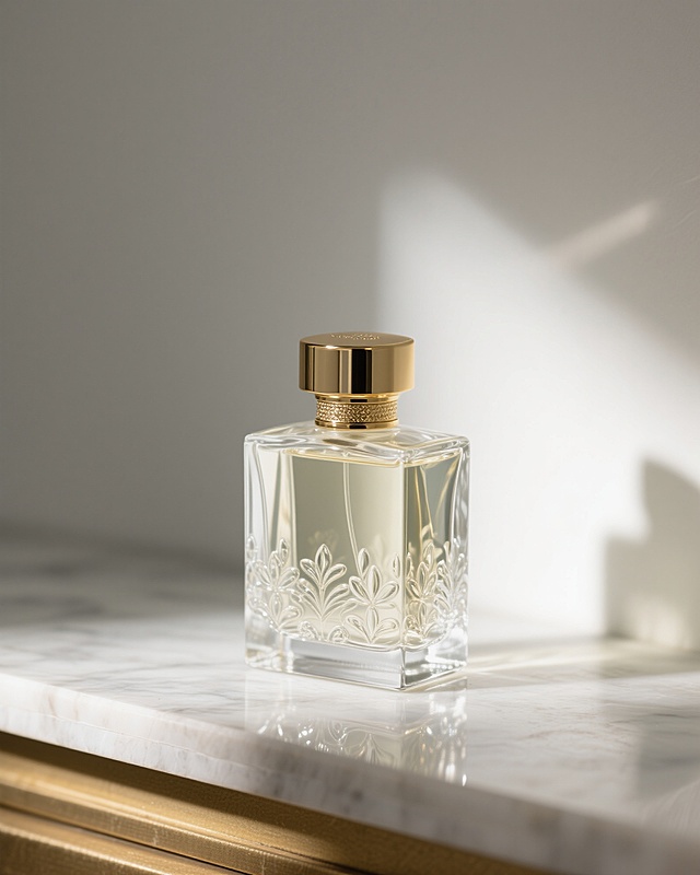 高端香水瓶，透明玻璃材质，瓶身有精致雕花，金色瓶盖，放置在大理石台面上，背景是柔和的浅灰色，光线从左侧照射，瓶身有轻微反光，营造优雅奢华氛围