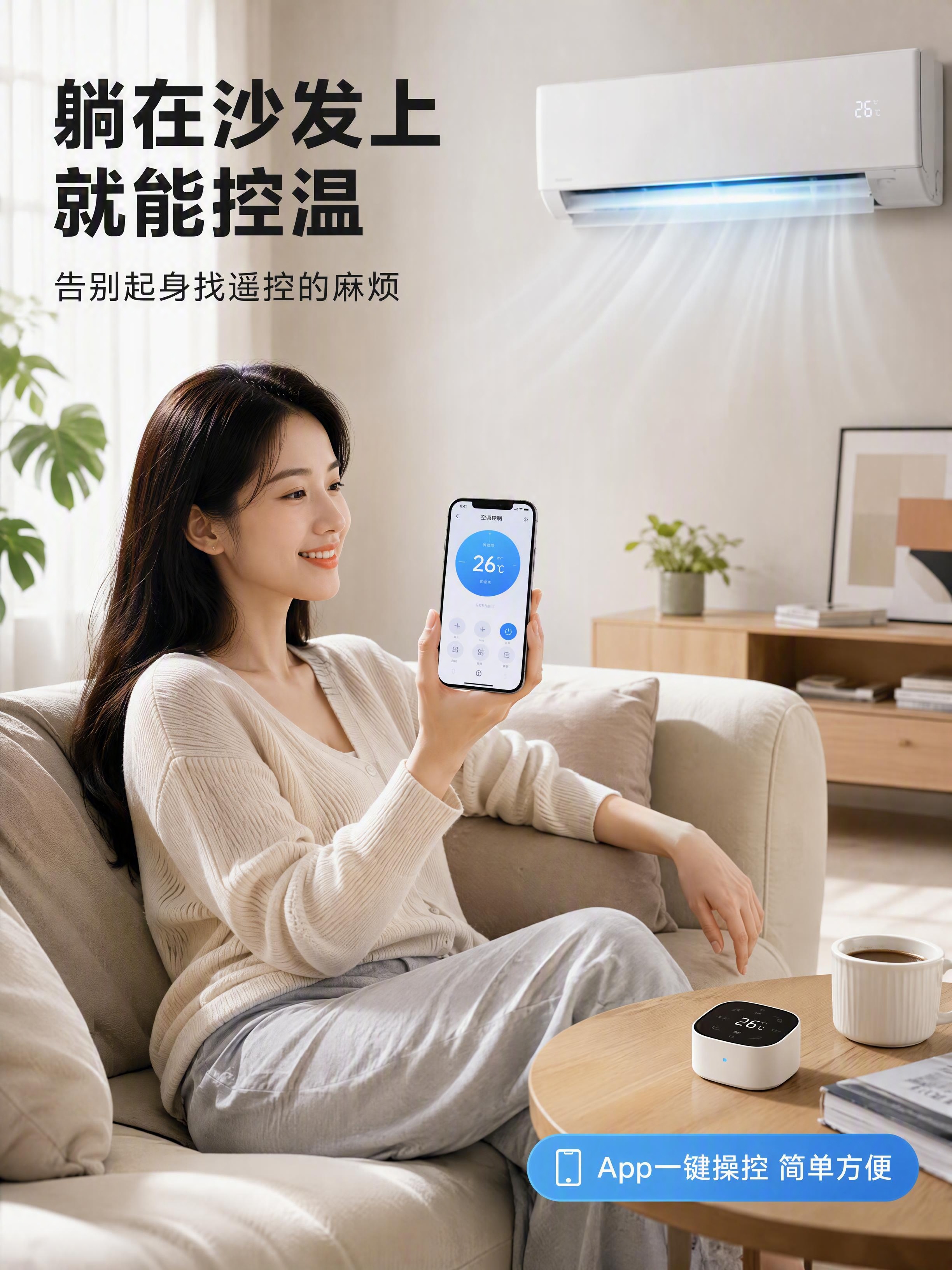 [第9张] 详情页人物使用展示-真人操作手机控制空调场景。文生… - 图片创意预览