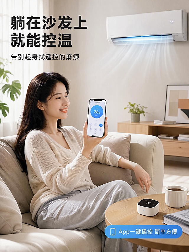 [第9张] 详情页人物使用展示-真人操作手机控制空调场景。文生图模式。
[氛围/风格] 温馨现代家居场景，自然生活感，人物自然放松，商业摄影质感。
[元素布局] 画面中一位年轻女性坐在现代简约客厅的沙发上，穿着休闲家居服，右手拿着智能手机，左手自然搭在沙发上，面带微笑看着手机；手机屏幕清晰显示空调控制App界面，有温度数字和调节按钮；背景墙上挂着壁挂式空调，有轻微出风效果；旁边茶几上放着智能空调控制器和一杯咖啡；整体场景舒适自然。
[光影质感] 室内自然光从左侧窗户照入，柔和均匀，人物面部清晰，场景有层次感，温暖舒适的氛围。
[配色色系] 全局底色为温馨家居色调，米白沙发、浅灰墙面；主色科技蓝体现在手机屏幕和空调光效；辅助色人物服装浅色系、木色茶几；点缀色绿植。
[视角构图] 侧面45°角，人物居中偏左，空调在背景右侧，阅读动线从人物到手机到空调。
[文字版式] 画面左上角主标题「躺在沙发上 就能控温」，粗黑体；副标题「告别起身找遥控的麻烦」；右下角小信息条「App一键操控 简单方便」；文字不遮挡人物和产品。
[比例分辨率] 3:4 竖版比例，宽度1200，高度1600，4K分辨率，文字清晰可辨。
[负向提示词] 人物变形，面部模糊，水印，文字错乱，文字过小，场景杂乱。