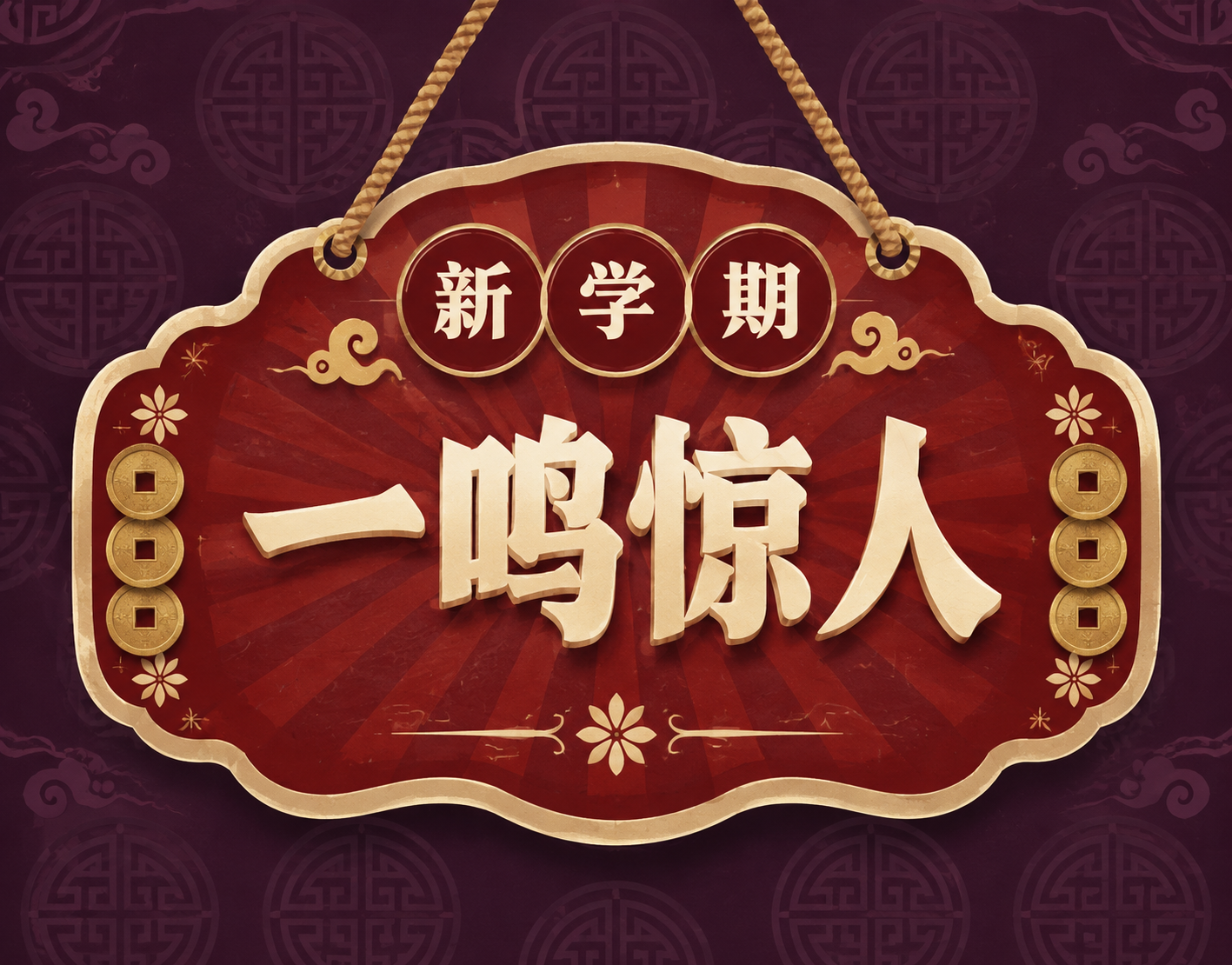 新学期主题复古挂牌风格小图，酒红色系配色。画面中心是一个酒红色… - 图片创意预览