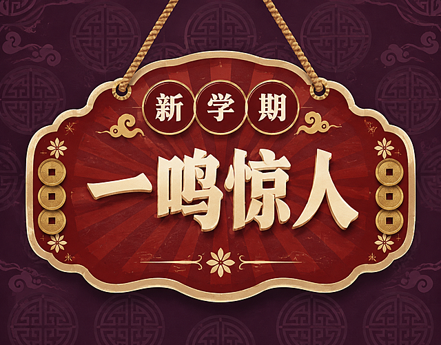 新学期主题复古挂牌风格小图，酒红色系配色。画面中心是一个酒红色复古挂牌，挂牌顶部有绳子悬挂，挂牌边缘为米黄色描边。挂牌内上方有三个深红色圆形，圆内写着白色文字"新学期"。挂牌中央是四个大大的米白色立体字"一鸣惊人"，字体为粗体宋体风格。挂牌背景为酒红色放射状光芒图案，左右两侧各有三枚竖排的铜钱装饰和小星花装饰。挂牌外背景为深紫色，带有暗纹圆形图案。整体风格典雅复古，国潮风，平面插画风格。